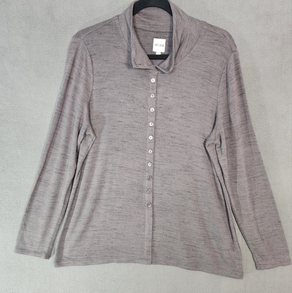 Nic + Zoe Womens Petite PL Button Up Shirt Brown Long Sleeve Soft Stretch